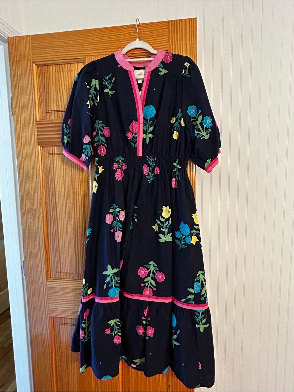Umgee Navy Floral Midi Dress with Pink Trim